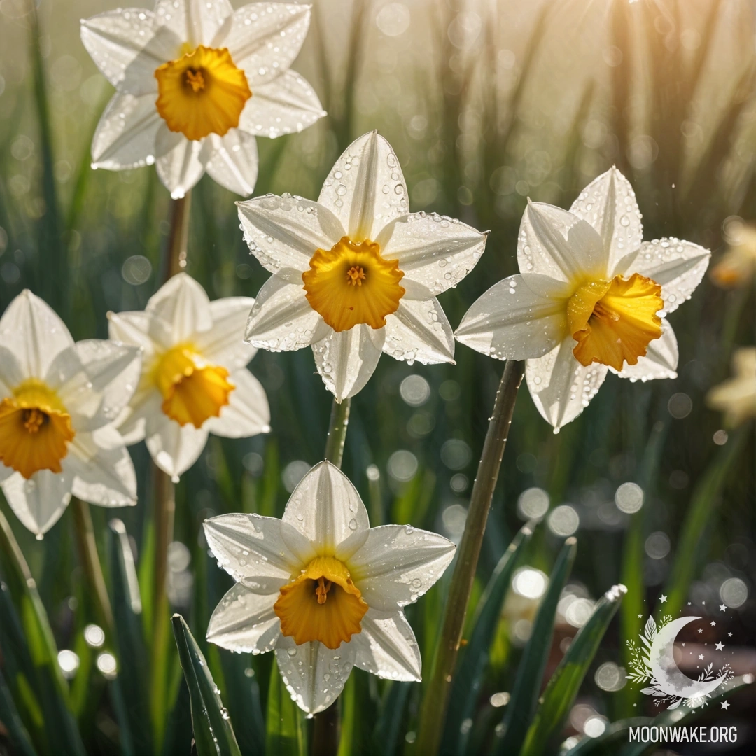 Delicate Narcissus with Dew Drops A close-up of a delicate narcissus flower adorned with dew drops, against a warm coffee colored background illuminated by sunny rays.