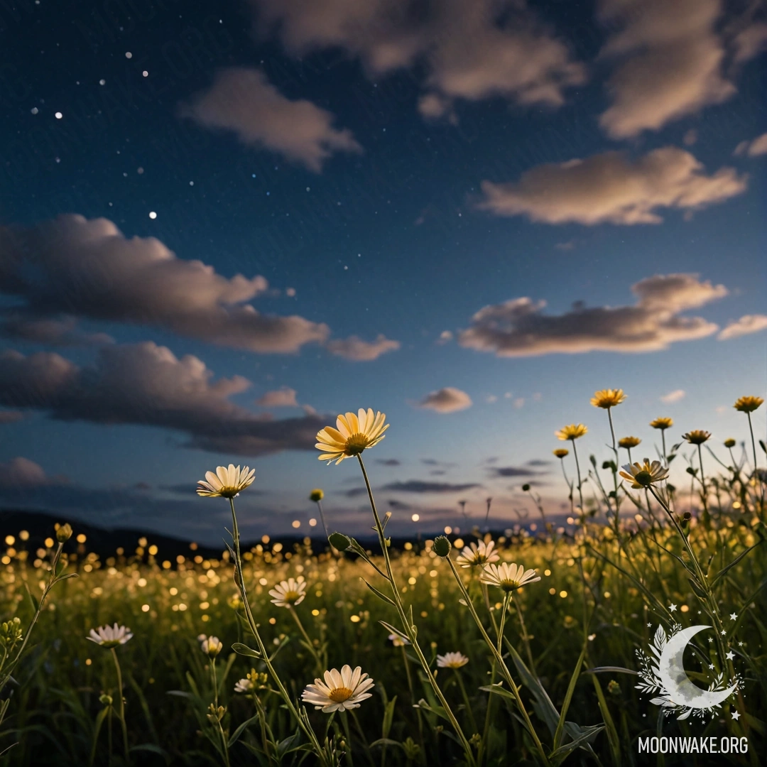 Delicate Night Flowers against Dreamy Bokeh Close-up of delicate field flowers with a blurred night sky backdrop