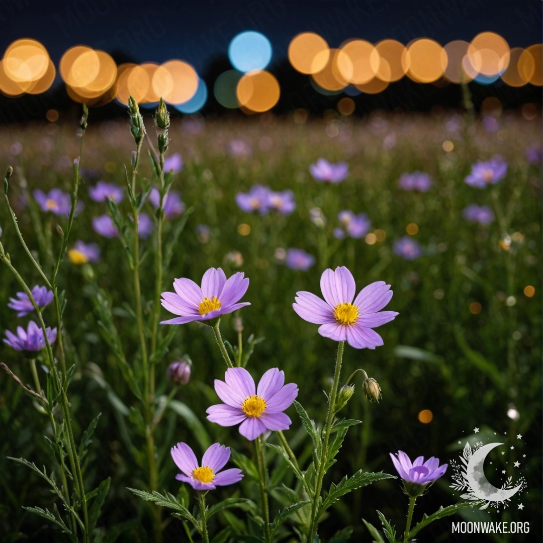 A close-up view of sweet field flowers set against a dreamy bokeh background at night.