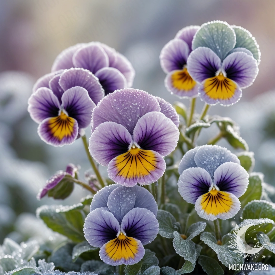 Delicate Pansies in Frost A close-up of sweet pansies with a frosty background.