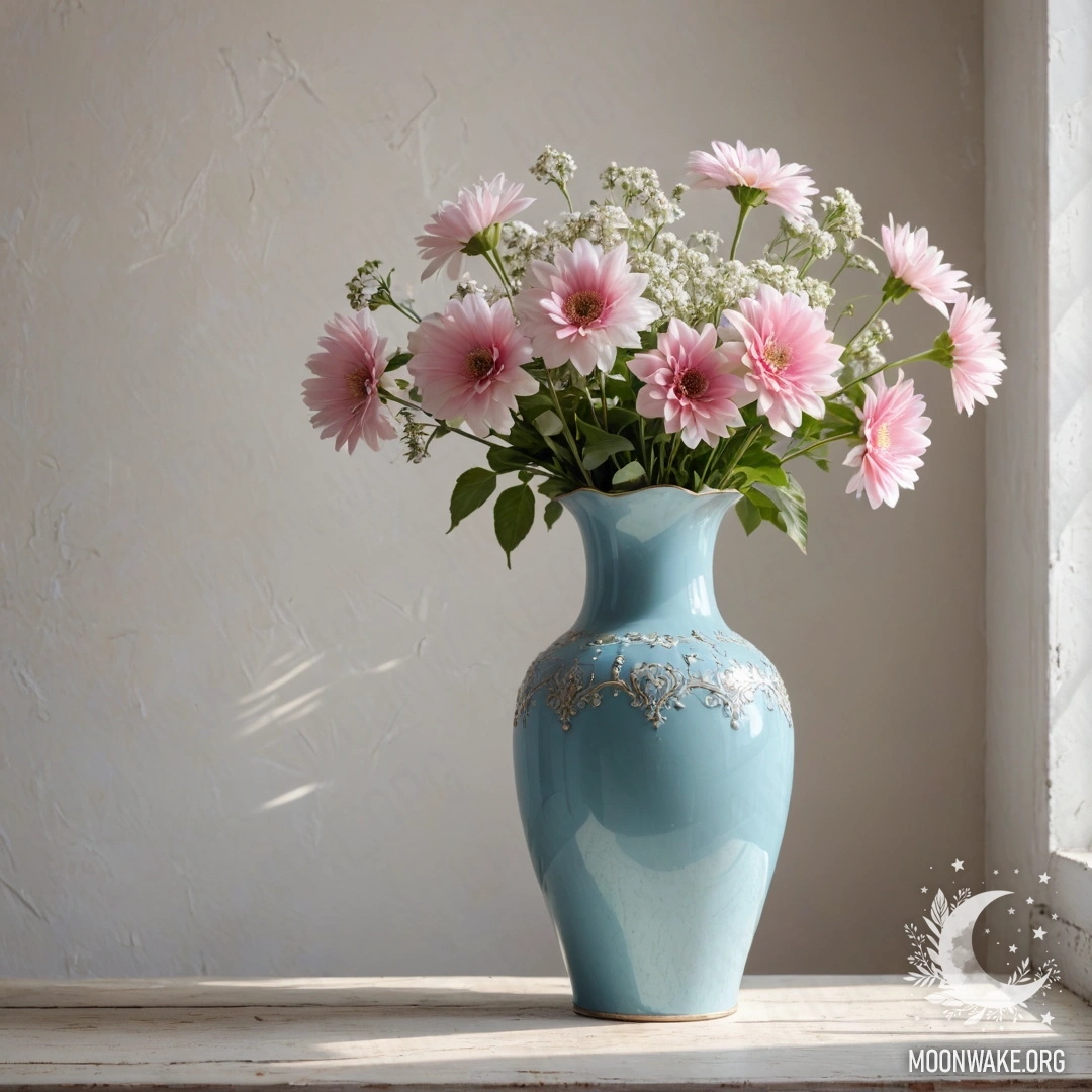 A shabby metal vase in pastel blue filled with white and pink flowers against a white wall with sun rays streaming through.