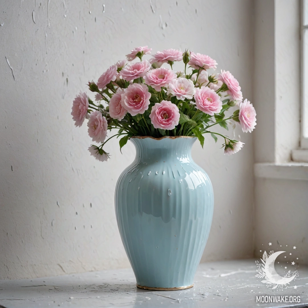 Delicate Pastel Blue Vase with Flowers A shabby pastel blue vase filled with white and pink flowers against a weathered white wall with raindrops.