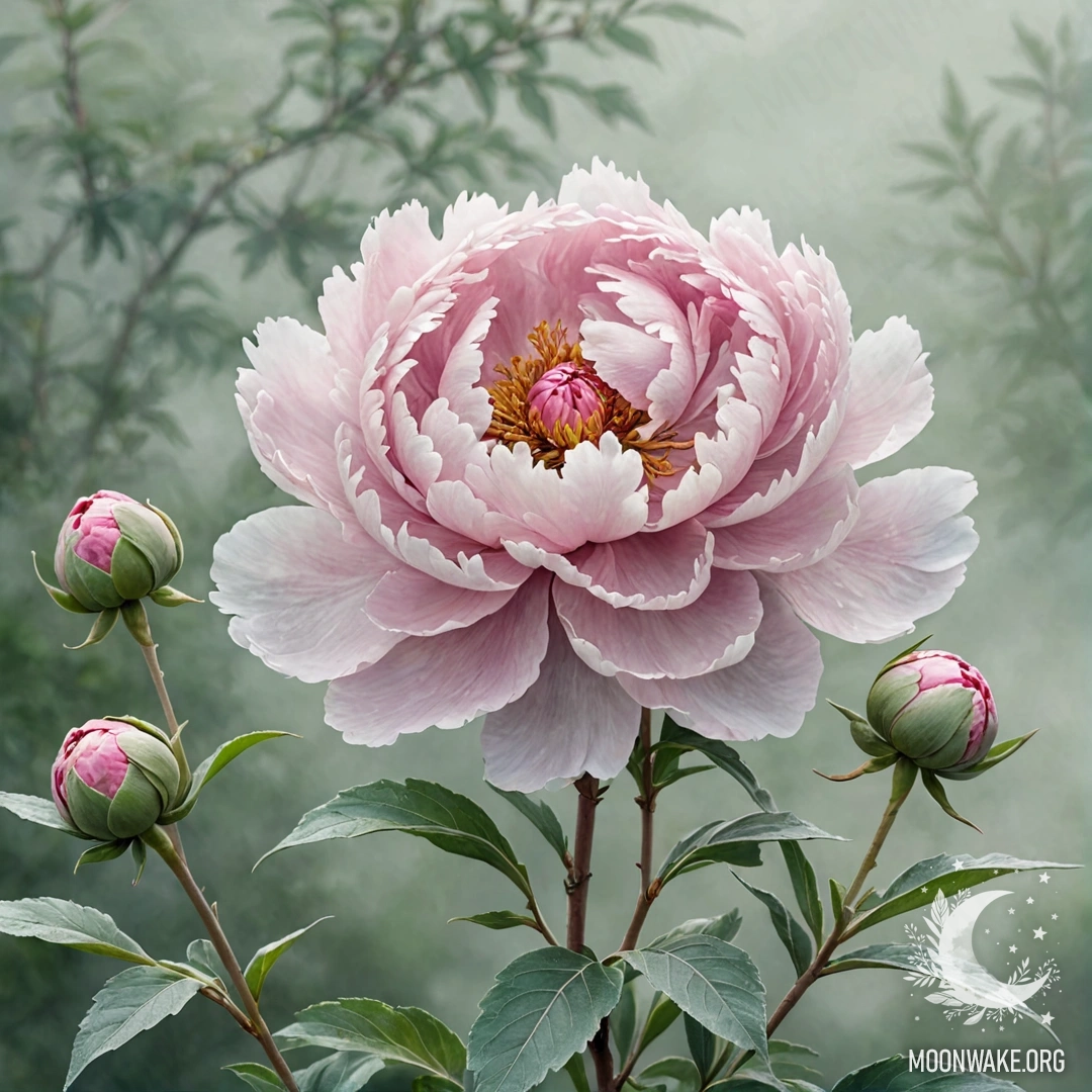 A delicate peony surrounded by a fog of sage green, watercolor painting.