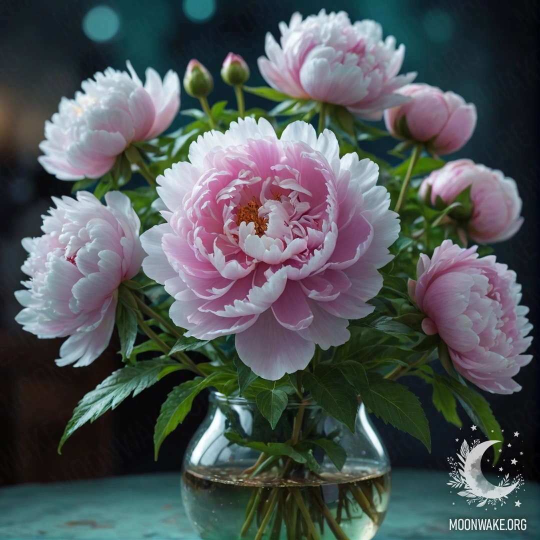 Delicate Peony in Mint Vase at Night A sweet peony flower placed in a mint-colored vase at night.