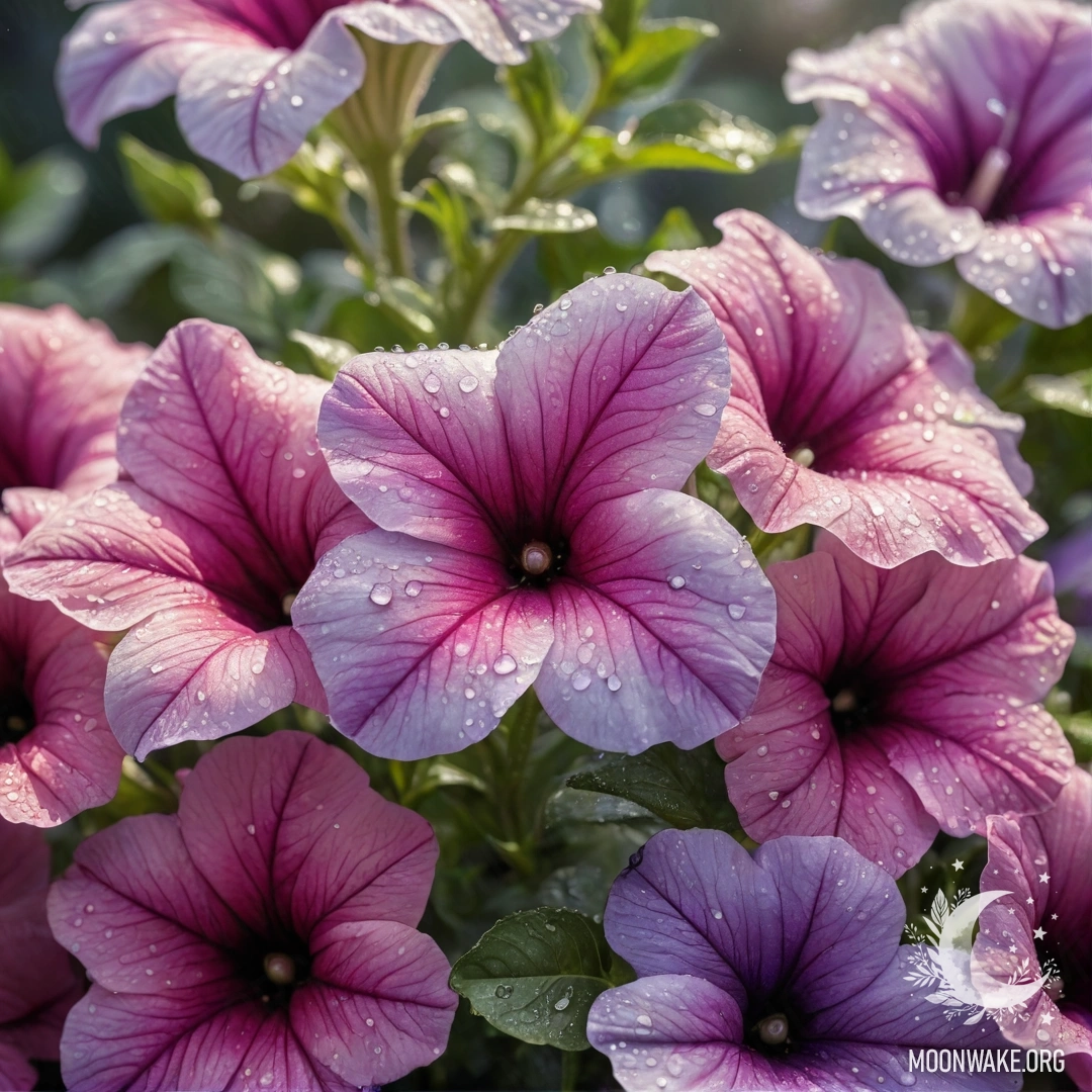 Close-up of a delicate petunia flower adorned with dew drops