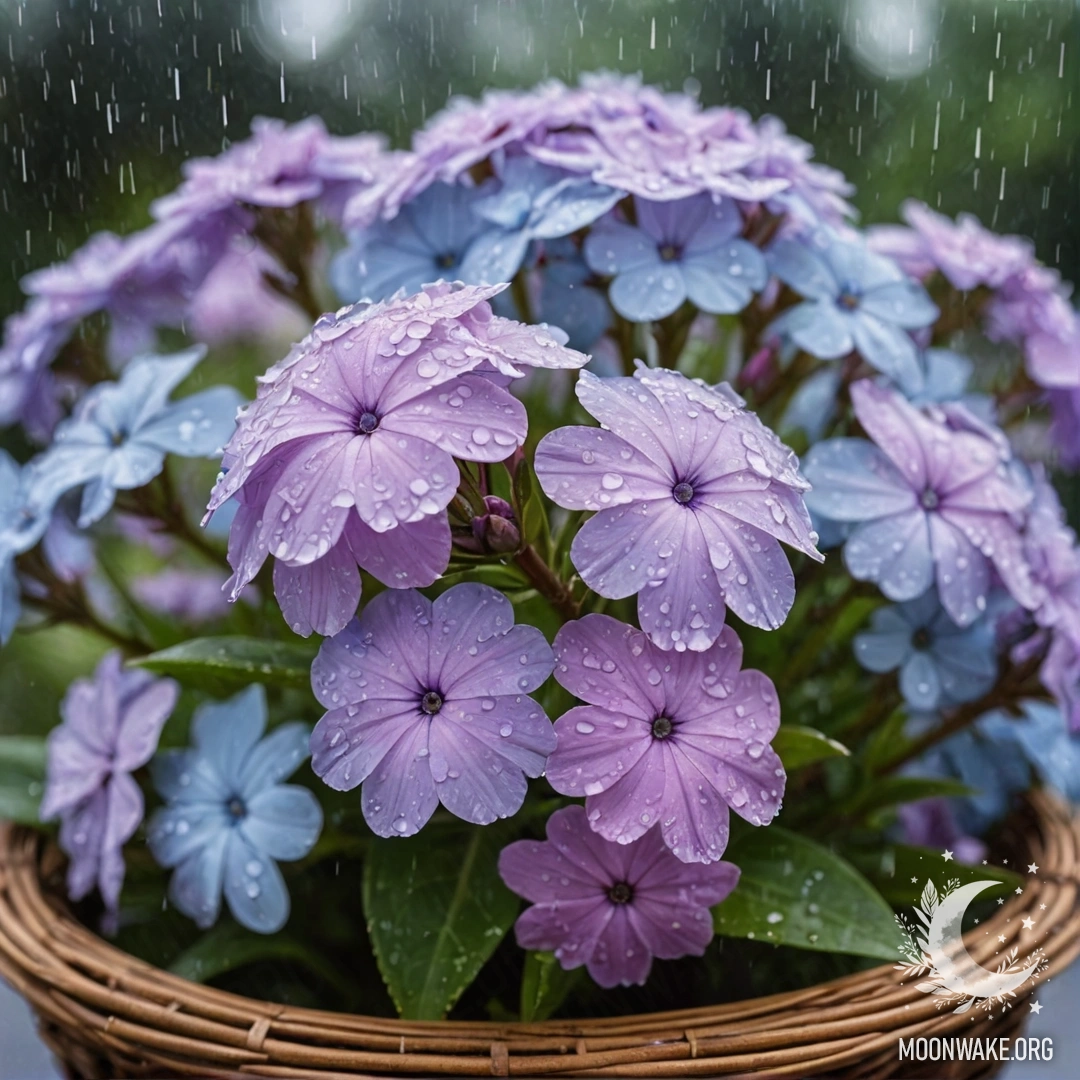 Delicate Phlox Basket Under Rain A basket filled with phlox flowers of sky blue color, with raindrops.