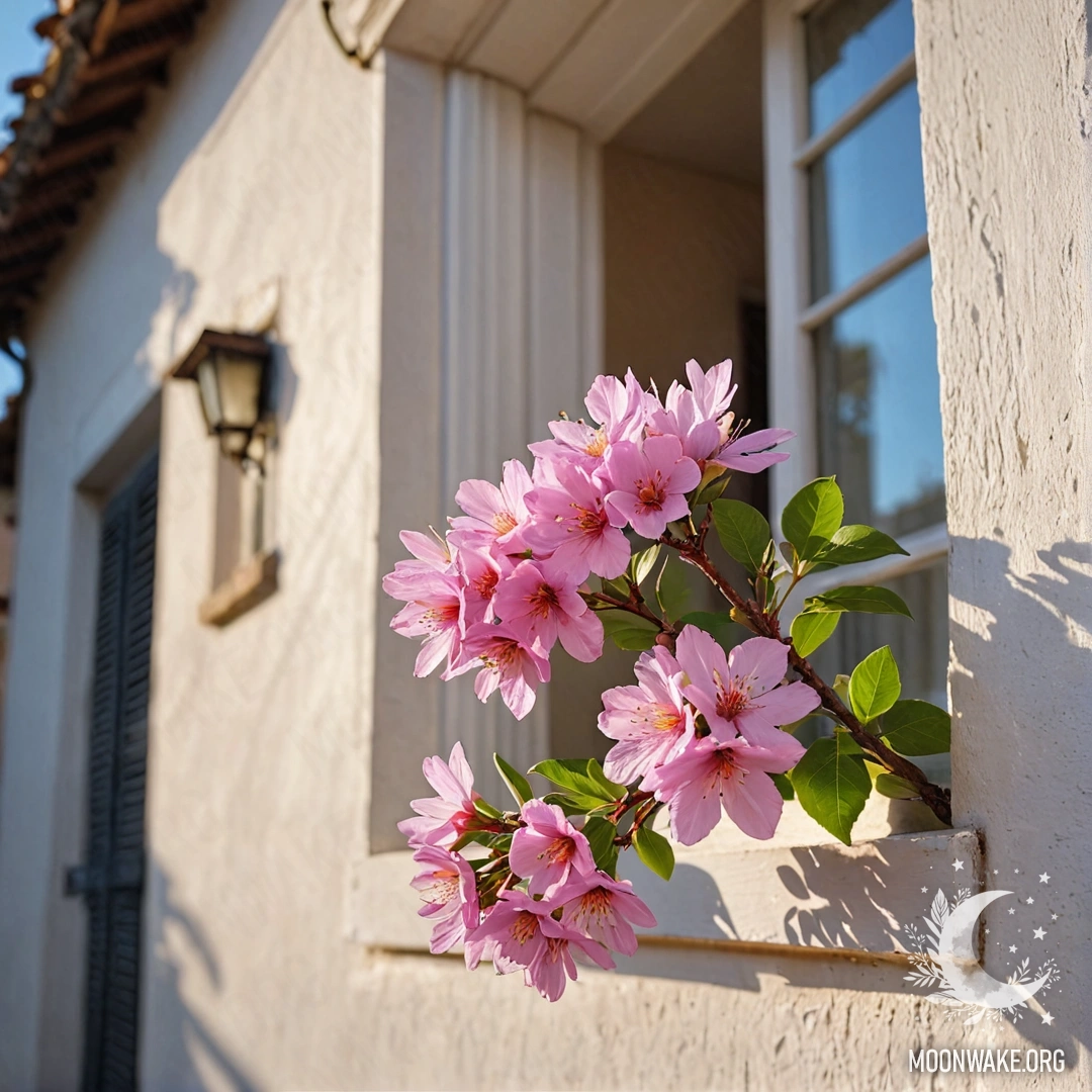 A branch with pink flowers against a white wall featuring windows and shutters, captured at sunset.
