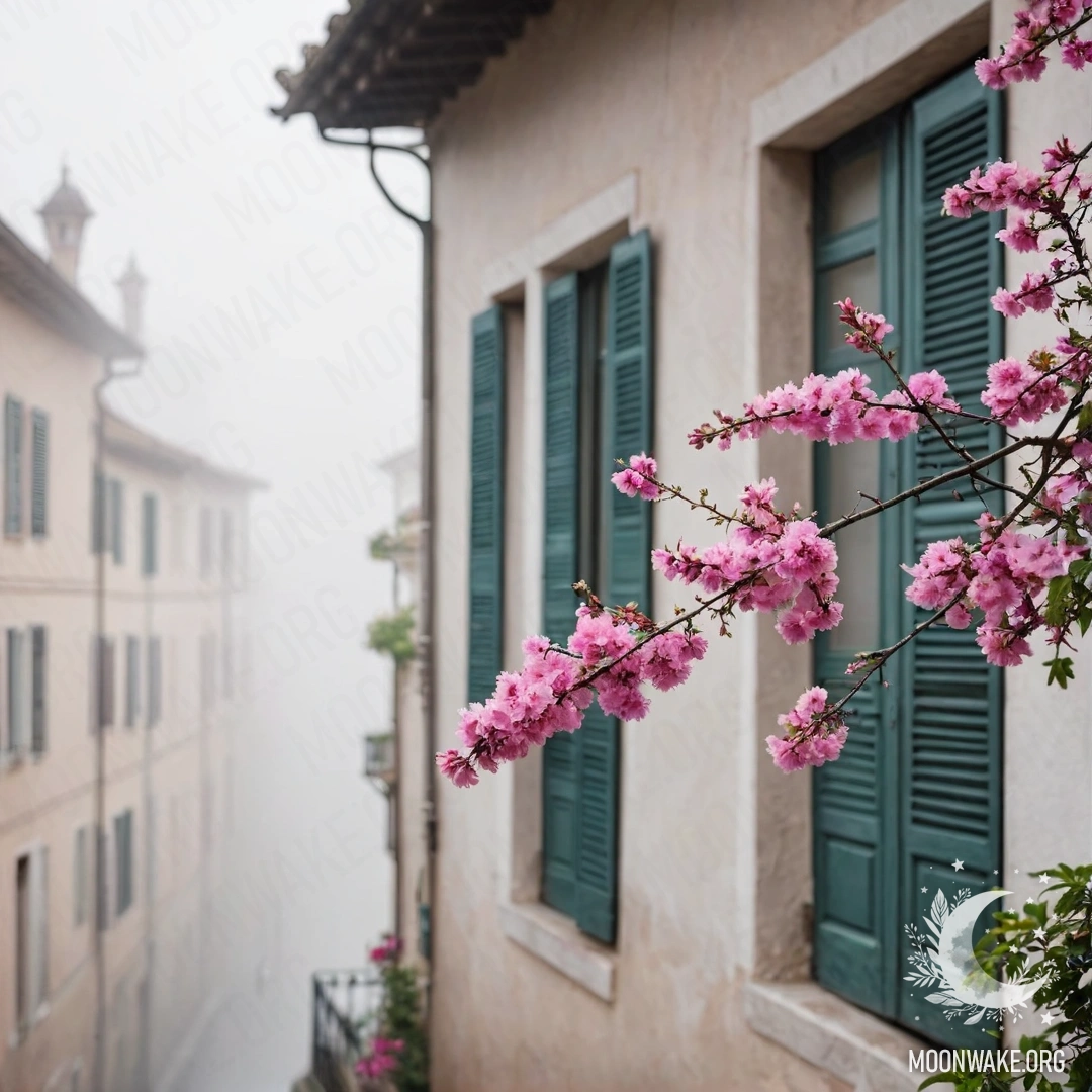 A branch with pink flowers in front of a white wall and shutters of an Italian house