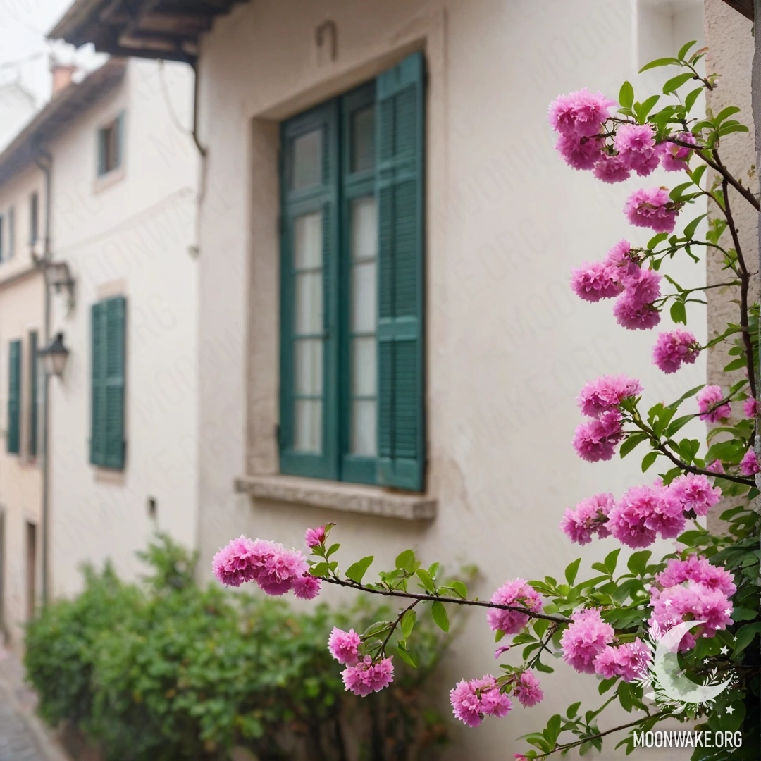 A branch with pink flowers against a white wall and windows of an Italian house, enveloped in dense fog.