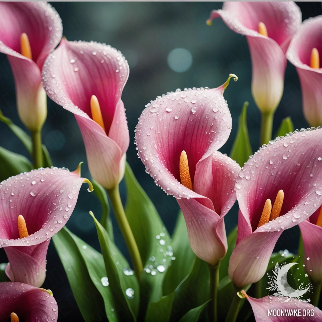 A delicate arrangement of pink calla lilies adorned with dew drops and rhinestones.