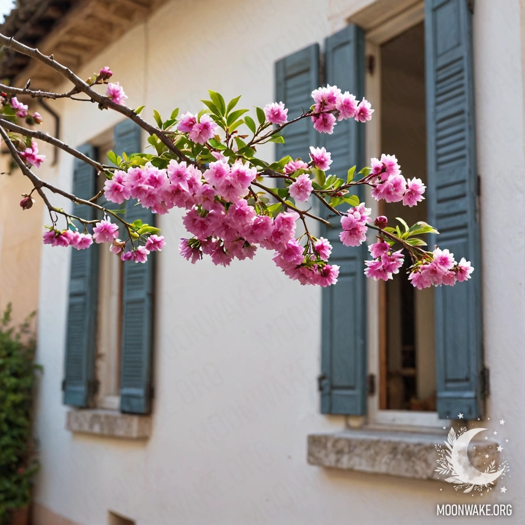A branch with pink flowers against a white wall, featuring windows and shutters of an Italian house, adorned with soft bokeh and garland lights.