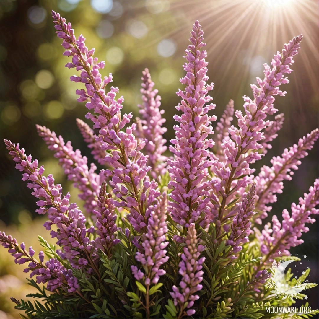 A bouquet of pink heather flowers illuminated by sunny rays.