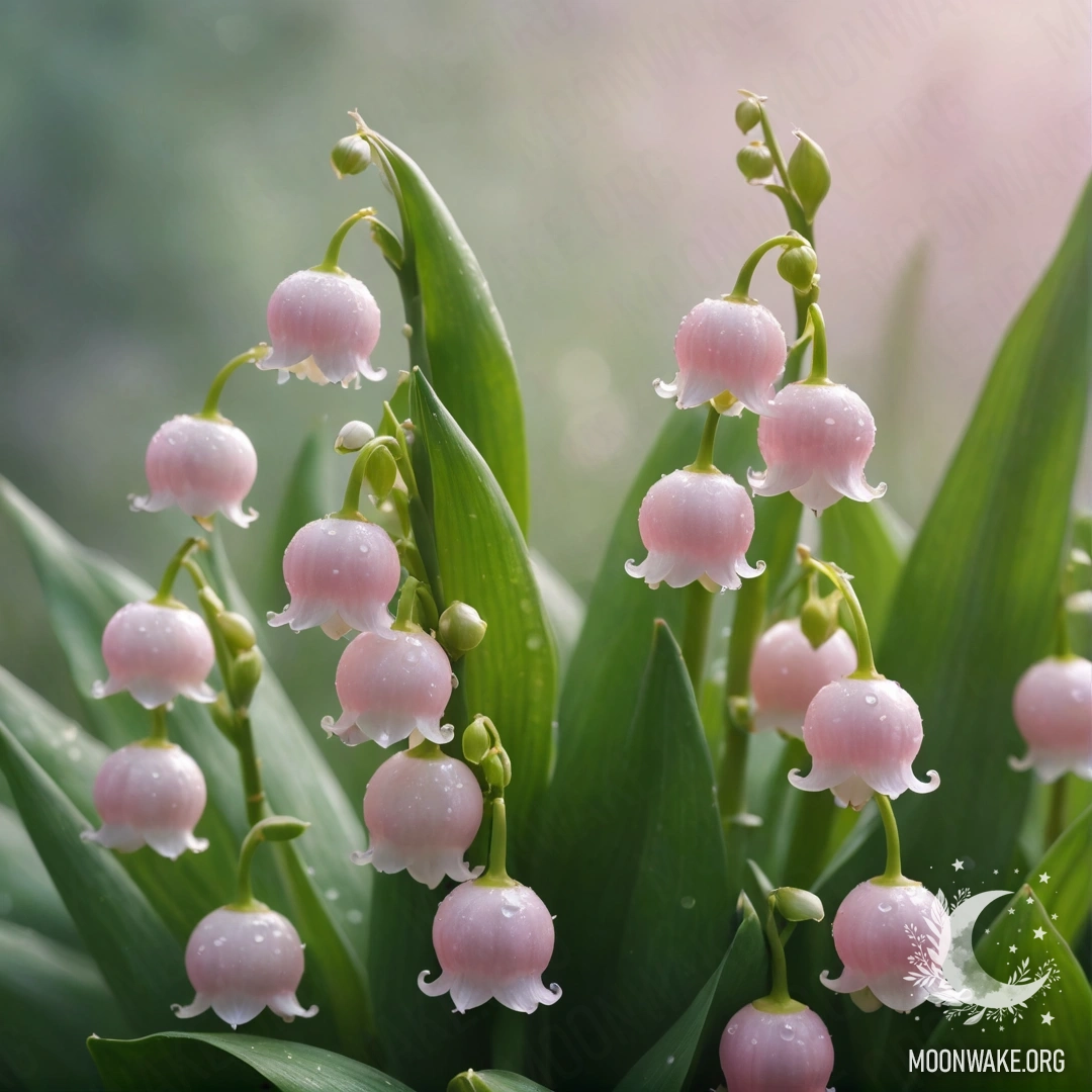 A beautiful digital painting of pink lily of the valley in the fog.