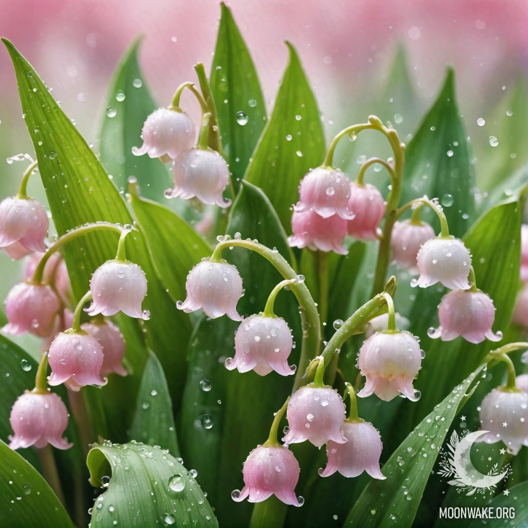 A beautiful watercolor painting of pink lily of the valley with dew drops in the background.