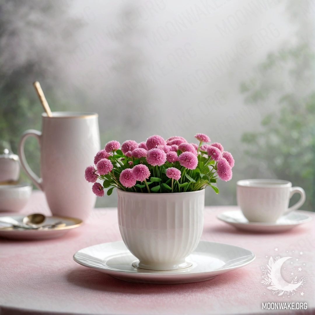 A round straw napkin holding white porcelain cups with pink patterns and a white vase with clover, surrounded by dense mist.