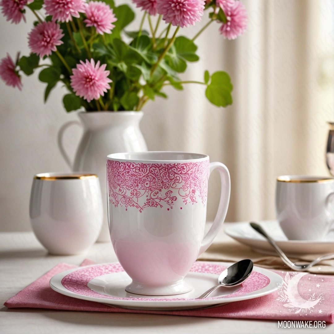 A round straw napkin adorned with white porcelain cups featuring a pink pattern, alongside a white vase containing clover, styled photographically.