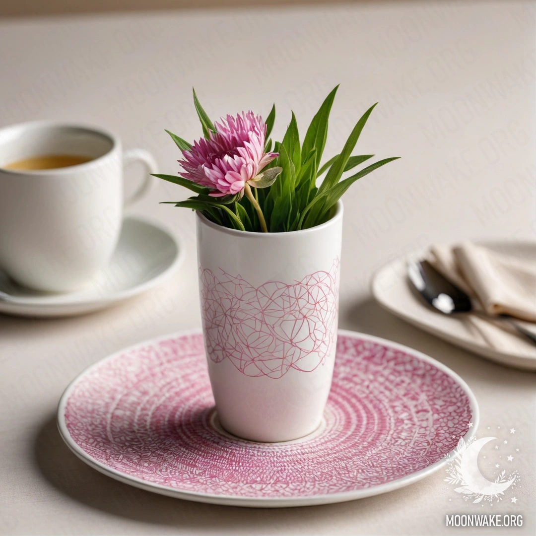 A round straw napkin with white porcelain cups decorated with pink patterns, a clover in a white vase, illuminated by sun rays.