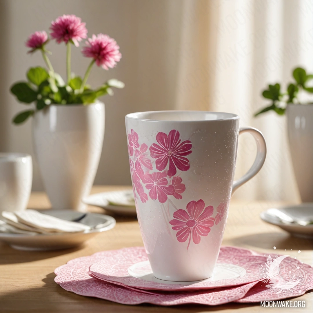 Delicate Porcelain Cups and Clover A round straw napkin with white porcelain cups featuring a pink pattern and a clover in a white vase, illuminated by sun rays.