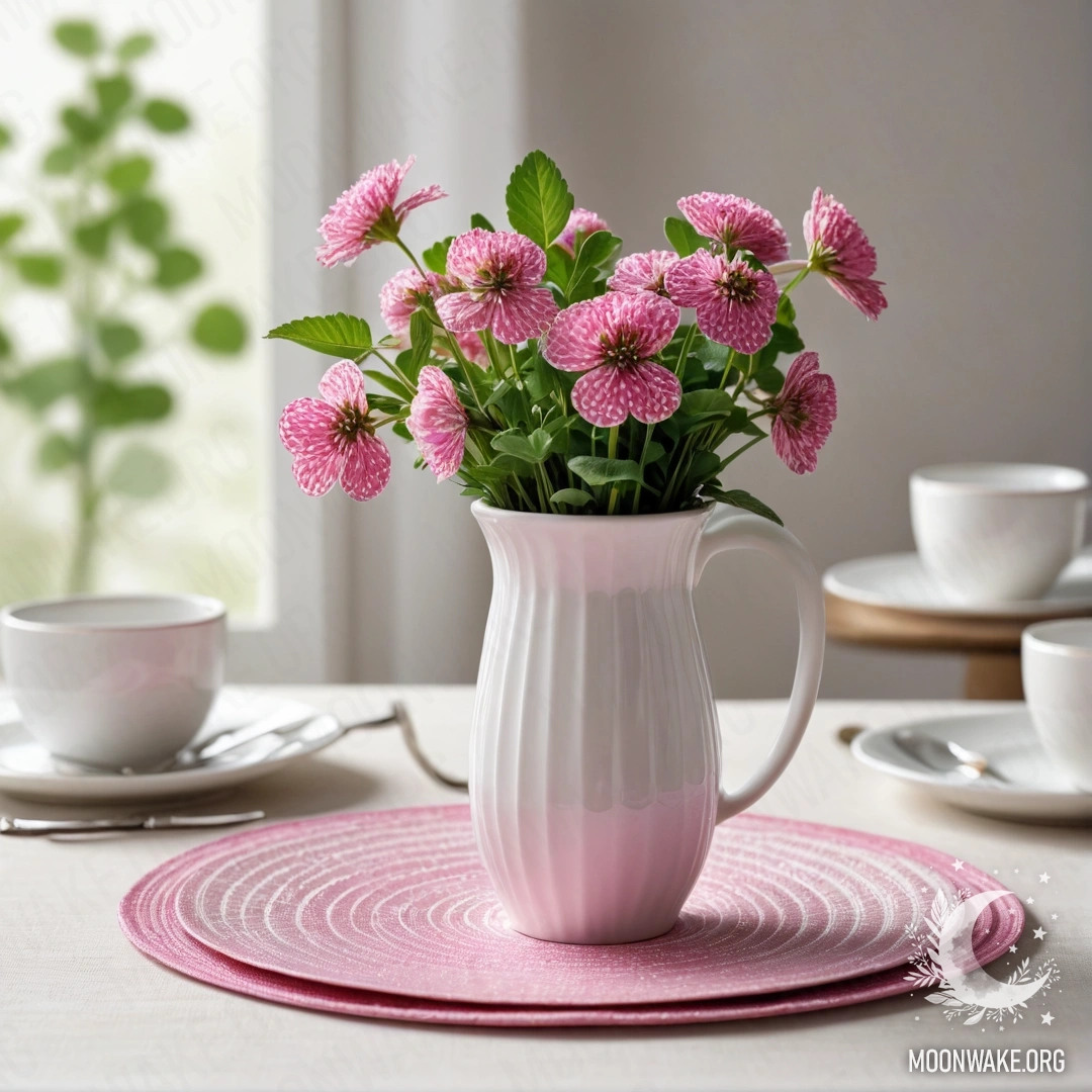 Delicate Porcelain Cups on a Straw Napkin A round straw napkin holding white porcelain cups with a pink pattern and a clover in a white vase.