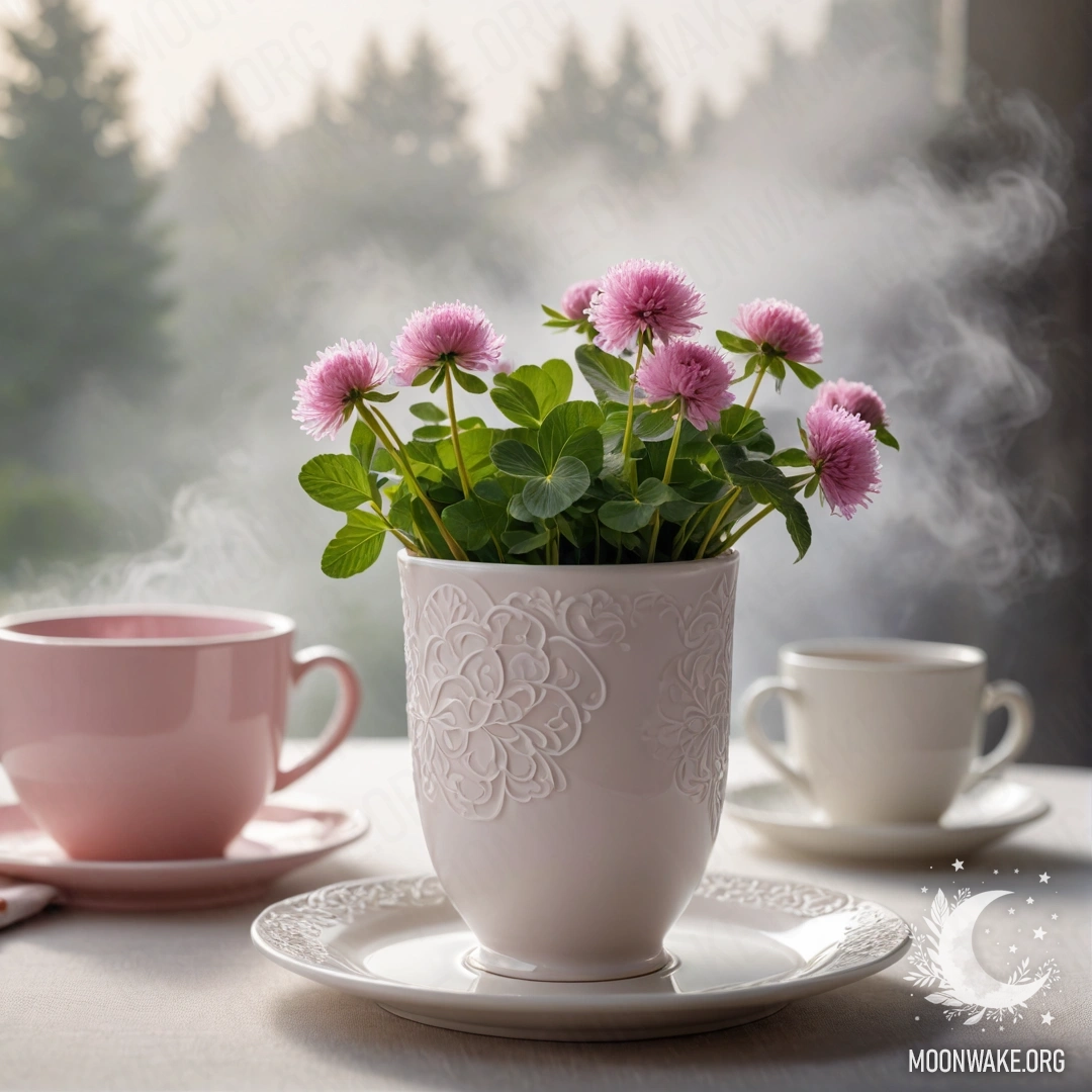 A straw napkin with white porcelain cups decorated with a pink pattern, and a white vase containing clover, enveloped in dense fog.