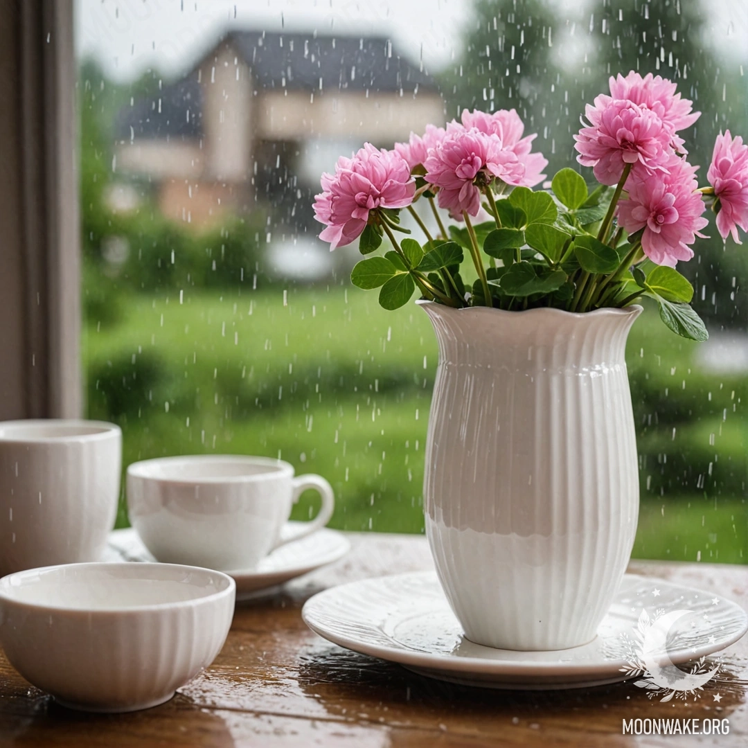 A round straw napkin with white porcelain cups featuring a pink pattern, and clover in a white vase under rain.