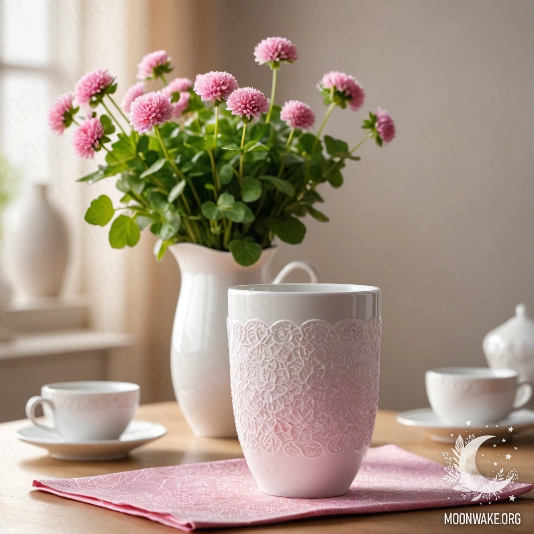 Delicate Porcelain Cups on a Sunlit Napkin A round straw napkin with white porcelain cups adorned with pink patterns and a clover in a white vase, illuminated by sunlight.