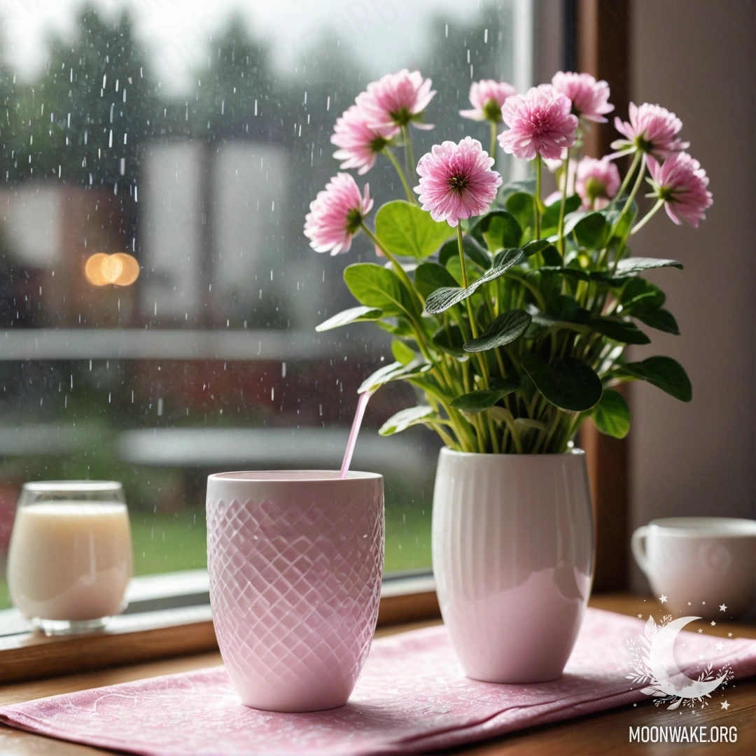 Delicate Porcelain Cups Under Rain A round straw napkin with white porcelain cups adorned with a pink pattern, beside a white vase holding clover, all under falling rain.