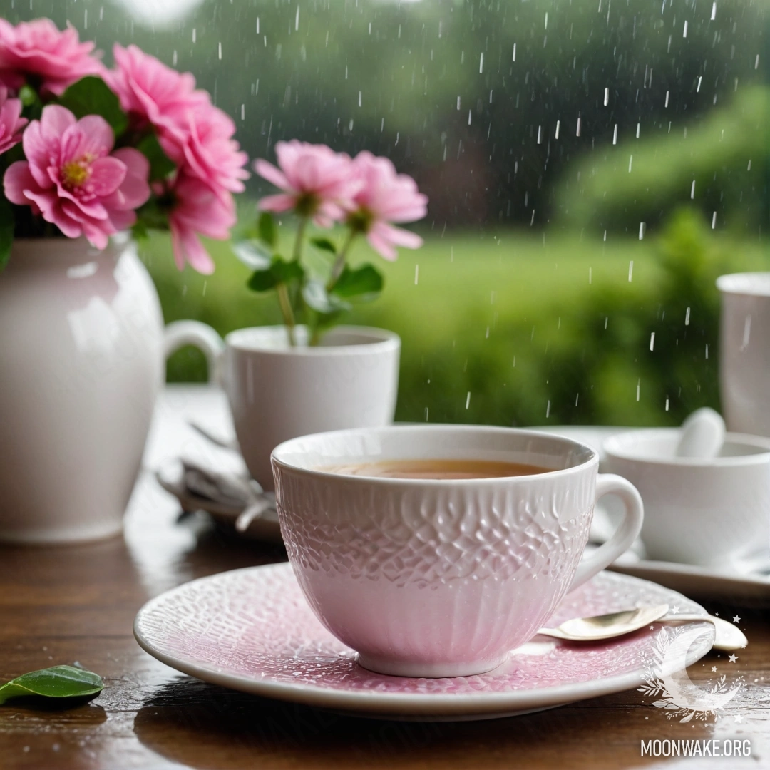 Delicate Porcelain Cups Under Rain A round straw napkin with white porcelain cups featuring a pink pattern, and a white vase containing clover, all under the rain.