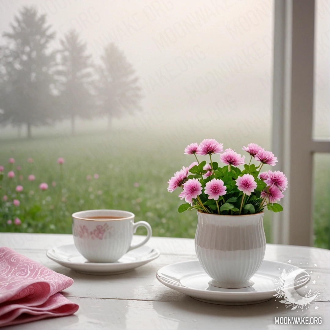 Delicate Porcelain in the Mist A round straw napkin with white porcelain cups featuring a pink pattern and a white vase with clover, all enveloped in dense mist.