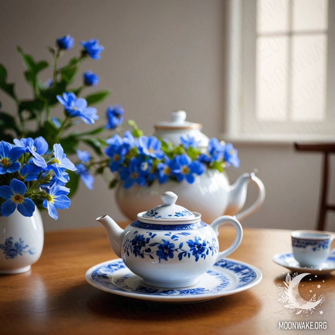 Delicate Porcelain Teapot with Blue Flowers A round wooden table with a porcelain teapot filled with blue flowers