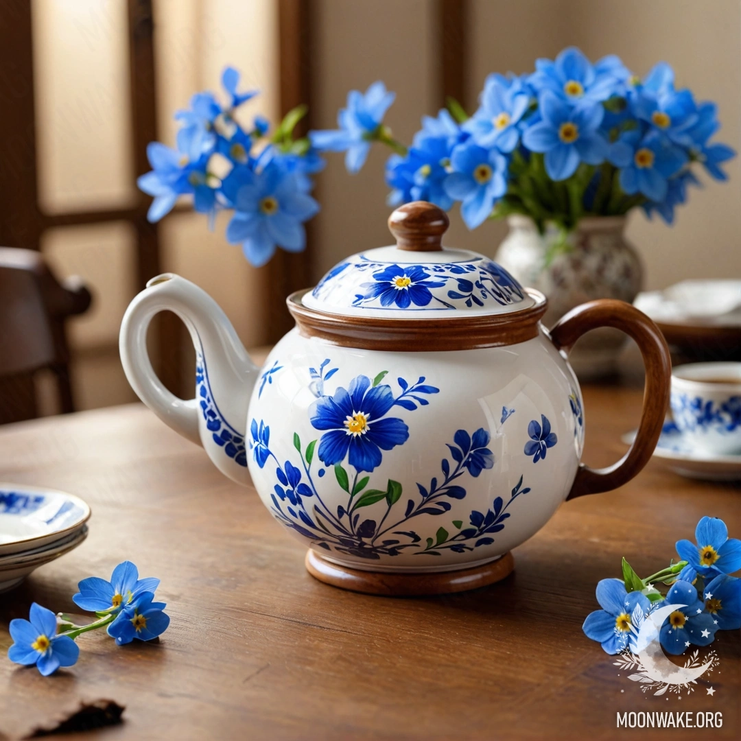 Delicate Porcelain Teapot with Blue Flowers A round wooden table with a porcelain teapot containing blue flowers.