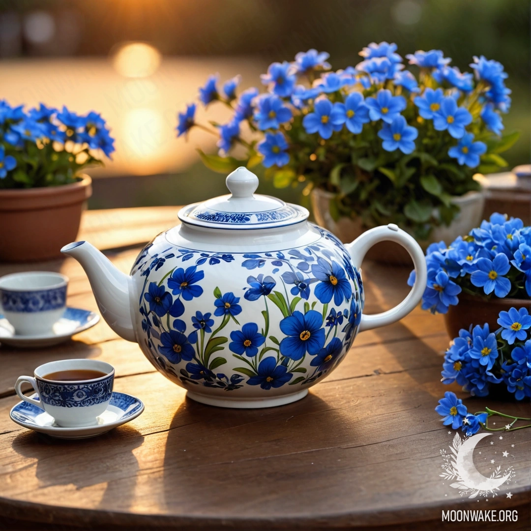 A round wooden table with a porcelain teapot filled with blue flowers during sunset.
