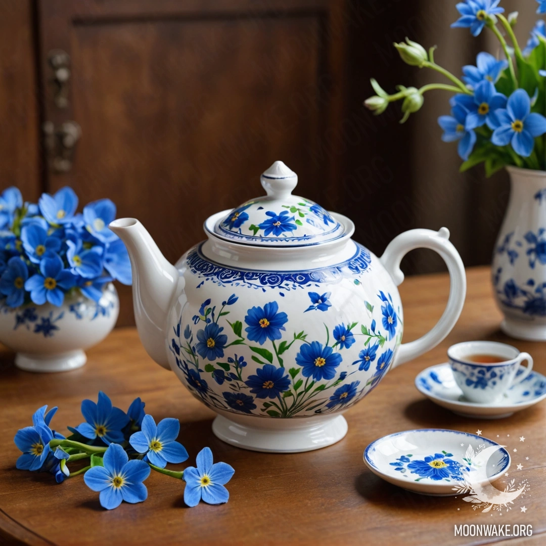 A round wooden table with a porcelain teapot and blue flowers.