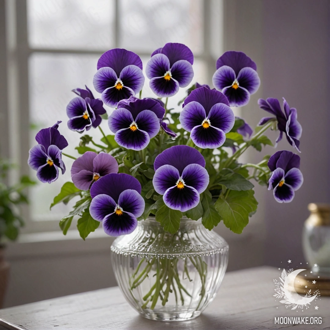 A vase filled with purple pansies surrounded by fog.