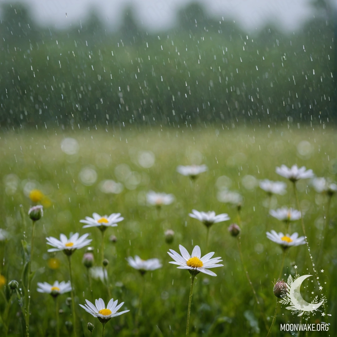 A close-up of delicate flowers in a peaceful field, softly blurred in the background, shimmering under the rain.