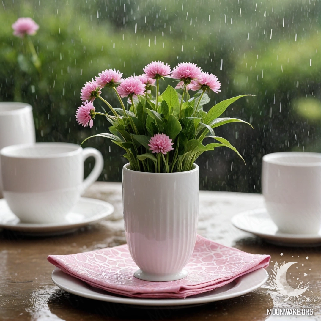 A round straw napkin adorned with white porcelain cups featuring a pink pattern, alongside a clover in a white vase, set against the backdrop of rain.