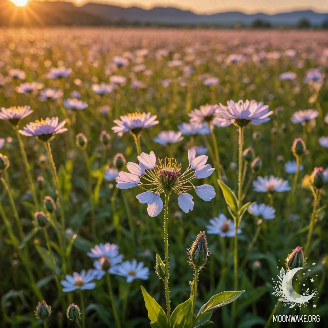 Close-up of sweet field flowers with a blurred background of flowers at sunset.