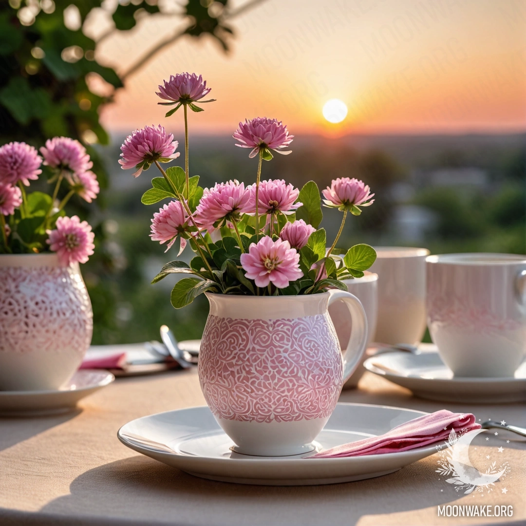 Delicate Sunset Tea Set A round straw napkin with white porcelain cups featuring a pink pattern and a clover in a white vase, set against a sunset backdrop.