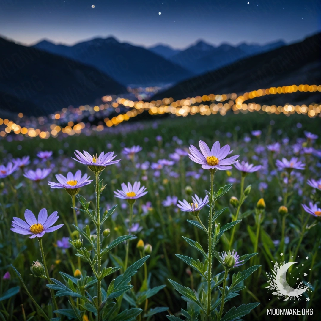 Delicate Sweet Field Flowers at Night Close-up of delicate sweet field flowers with blurred mountains in the background at night