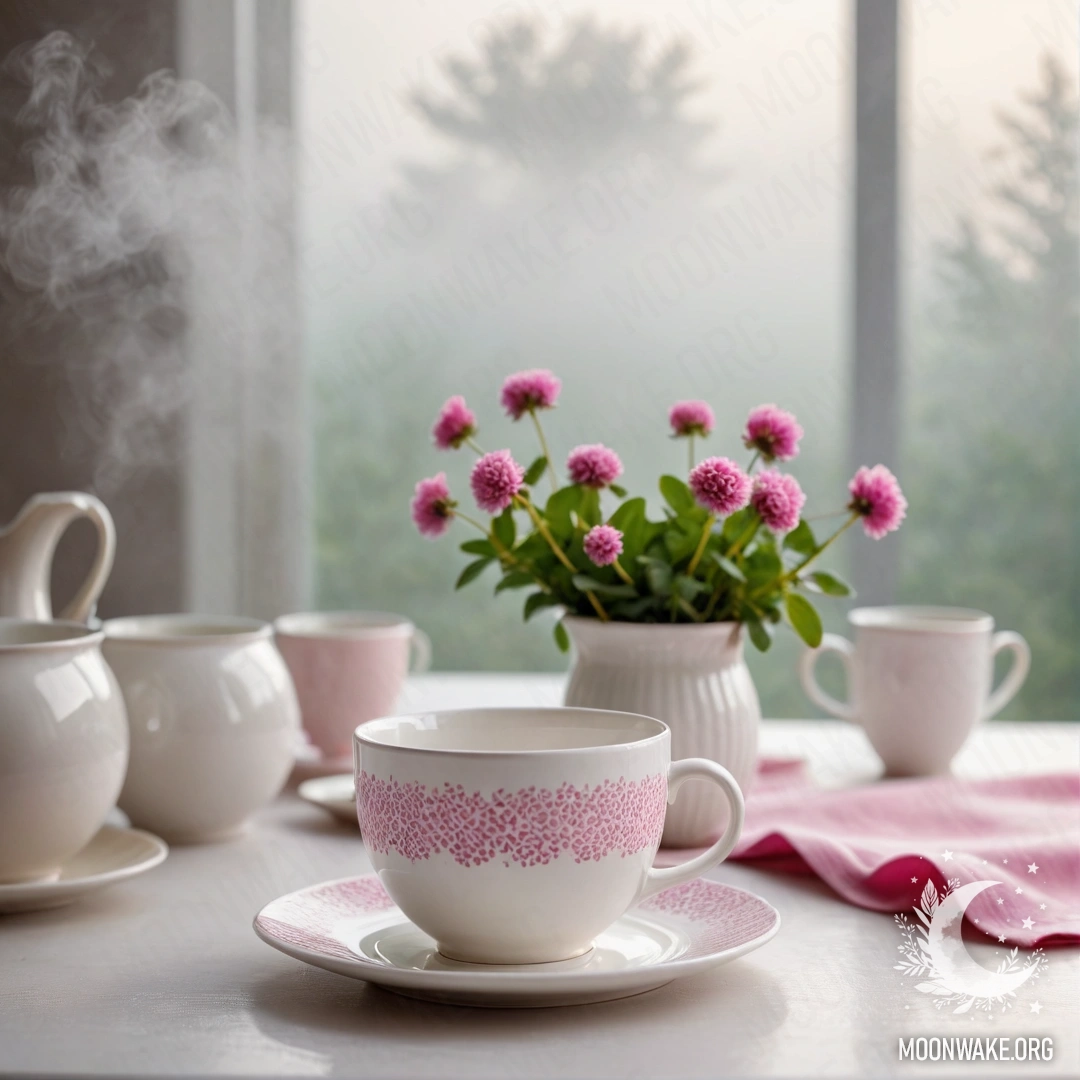 Delicate Tea Set in Misty Atmosphere A round straw napkin with white porcelain cups and a pink pattern, a clover in a white vase shrouded in dense fog.