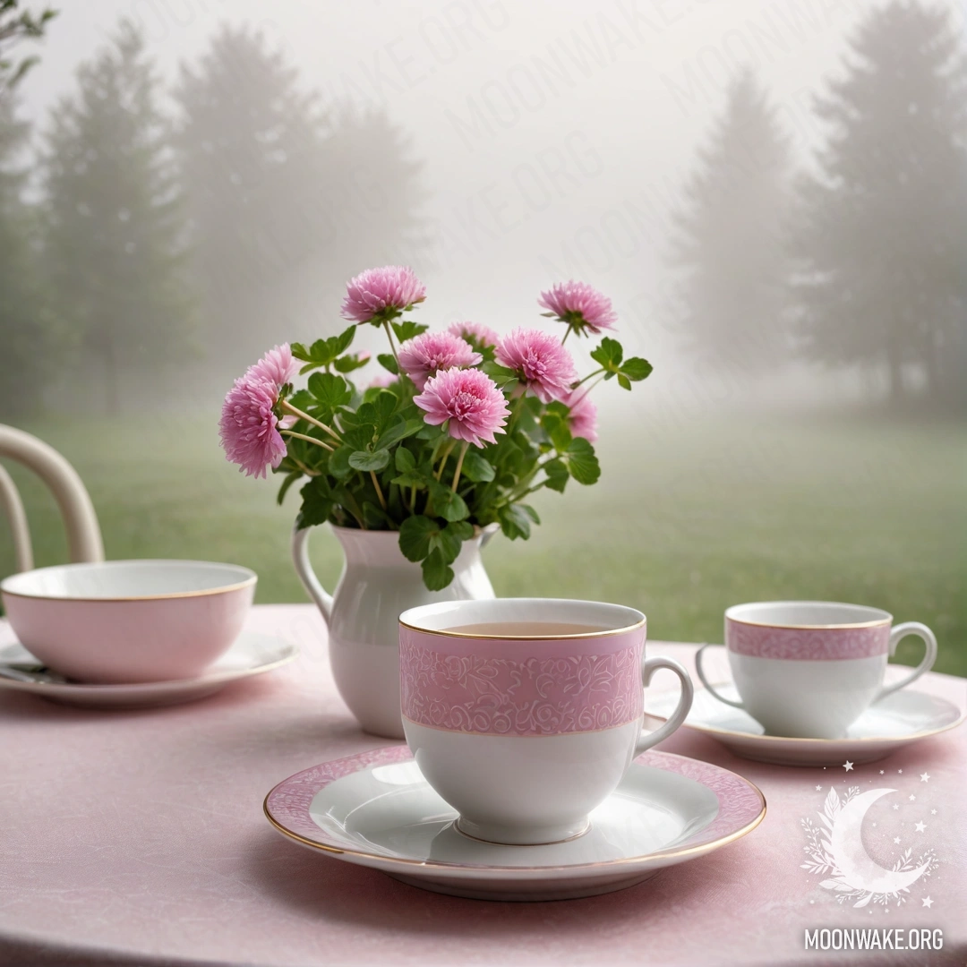 A round straw napkin with white porcelain cups and a clover vase in fog.