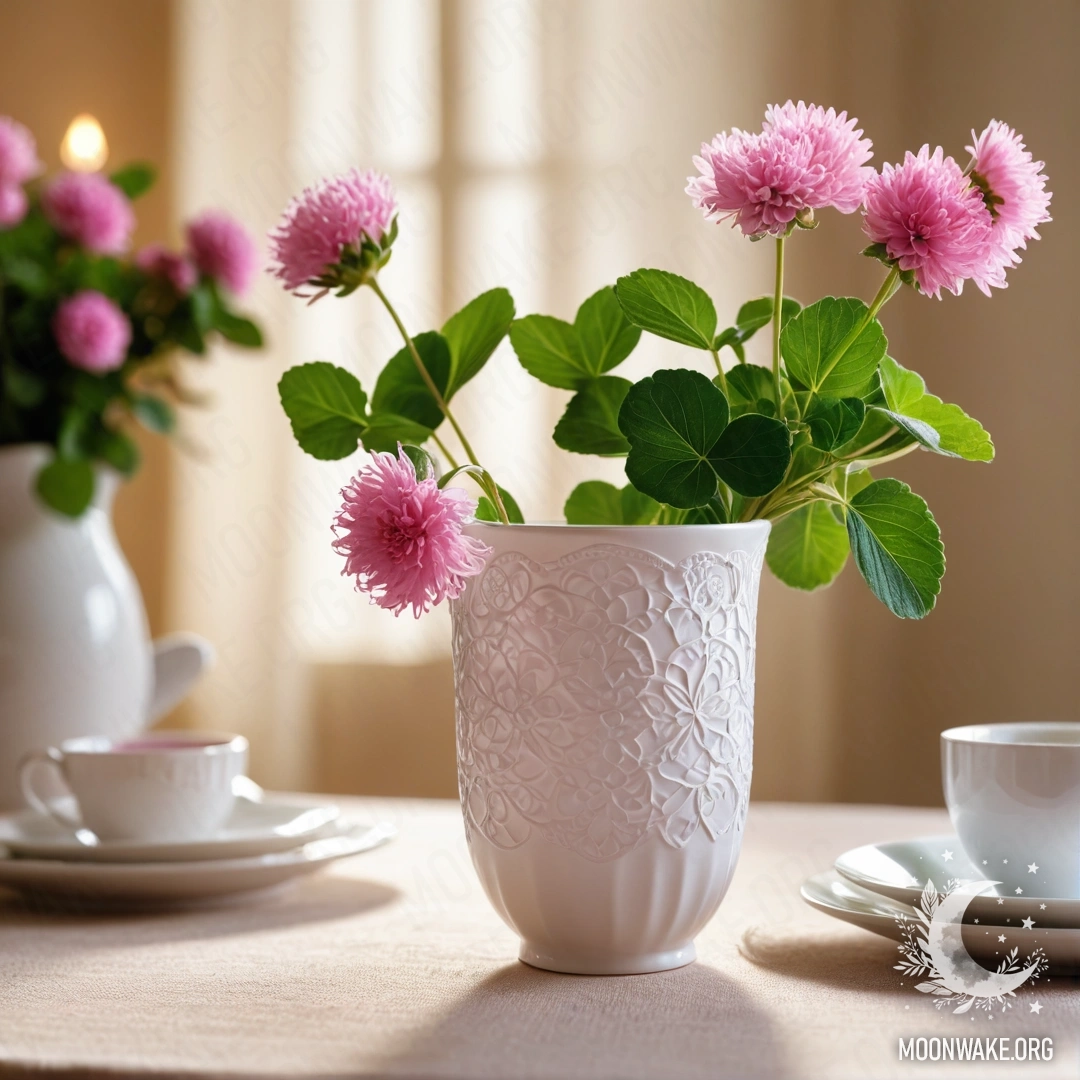 A round straw napkin holds white porcelain cups adorned with a pink pattern, alongside a white vase containing a clover, softly illuminated by garland lights.
