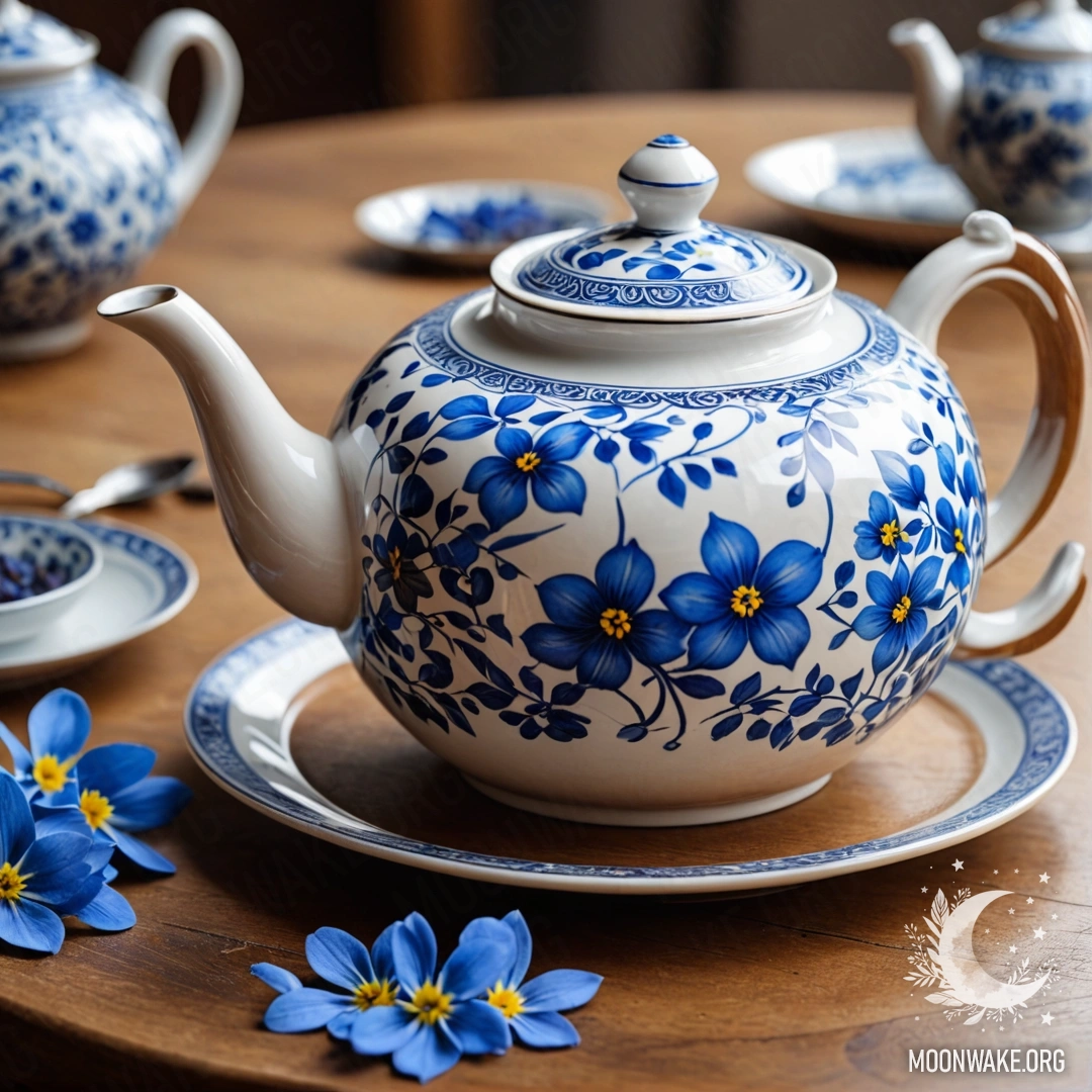 Delicate Teapot with Blue Flowers A round wooden table featuring a porcelain teapot filled with blue flowers.