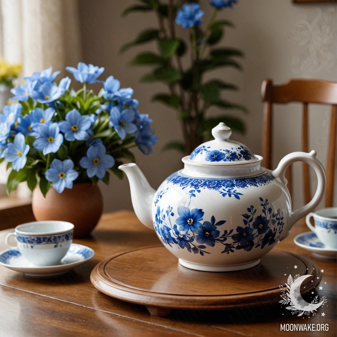 A round wooden table with a porcelain teapot filled with blue flowers.