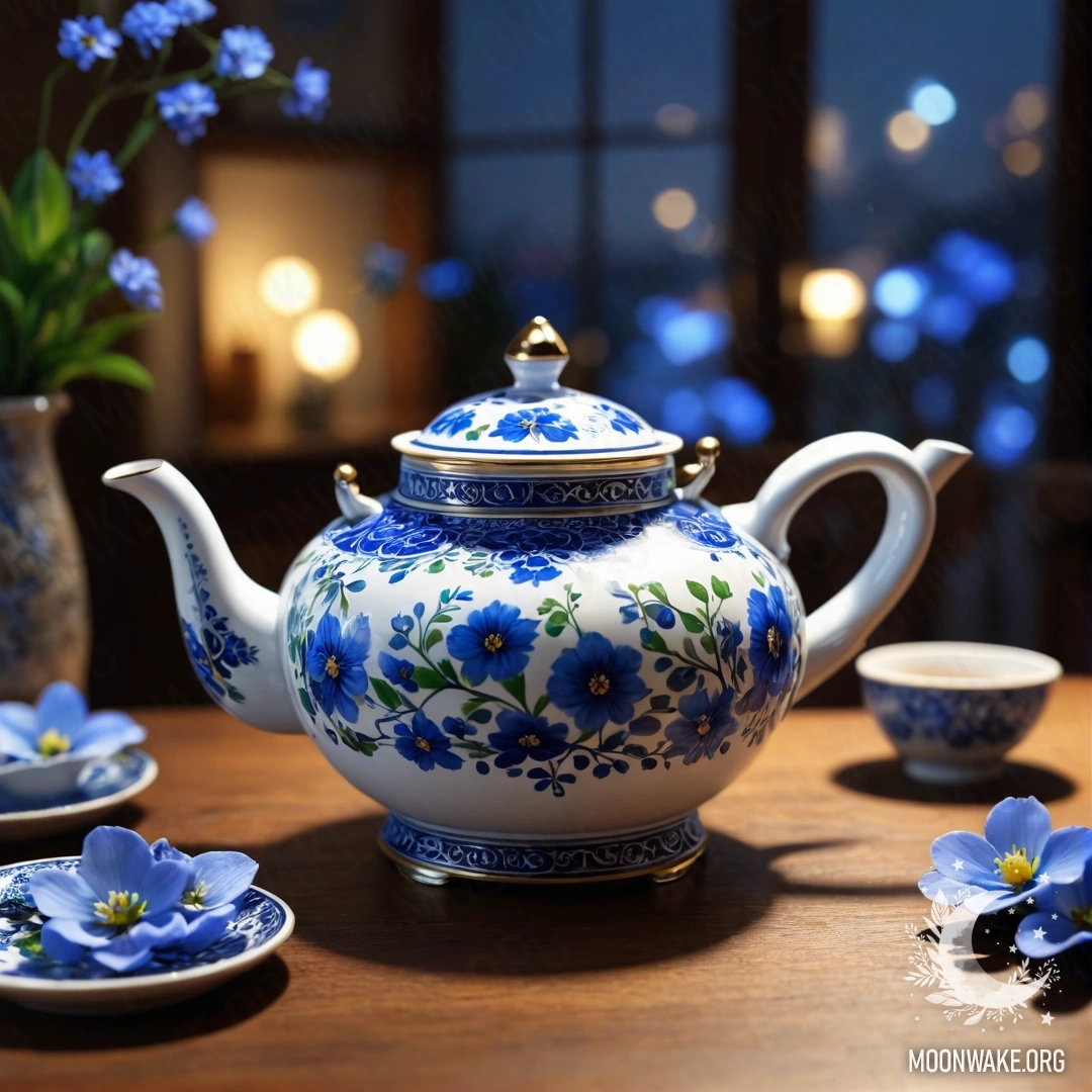 Delicate Teapot with Blue Flowers on a Wooden Table at Night A porcelain teapot with blue flowers on a round wooden table at night.
