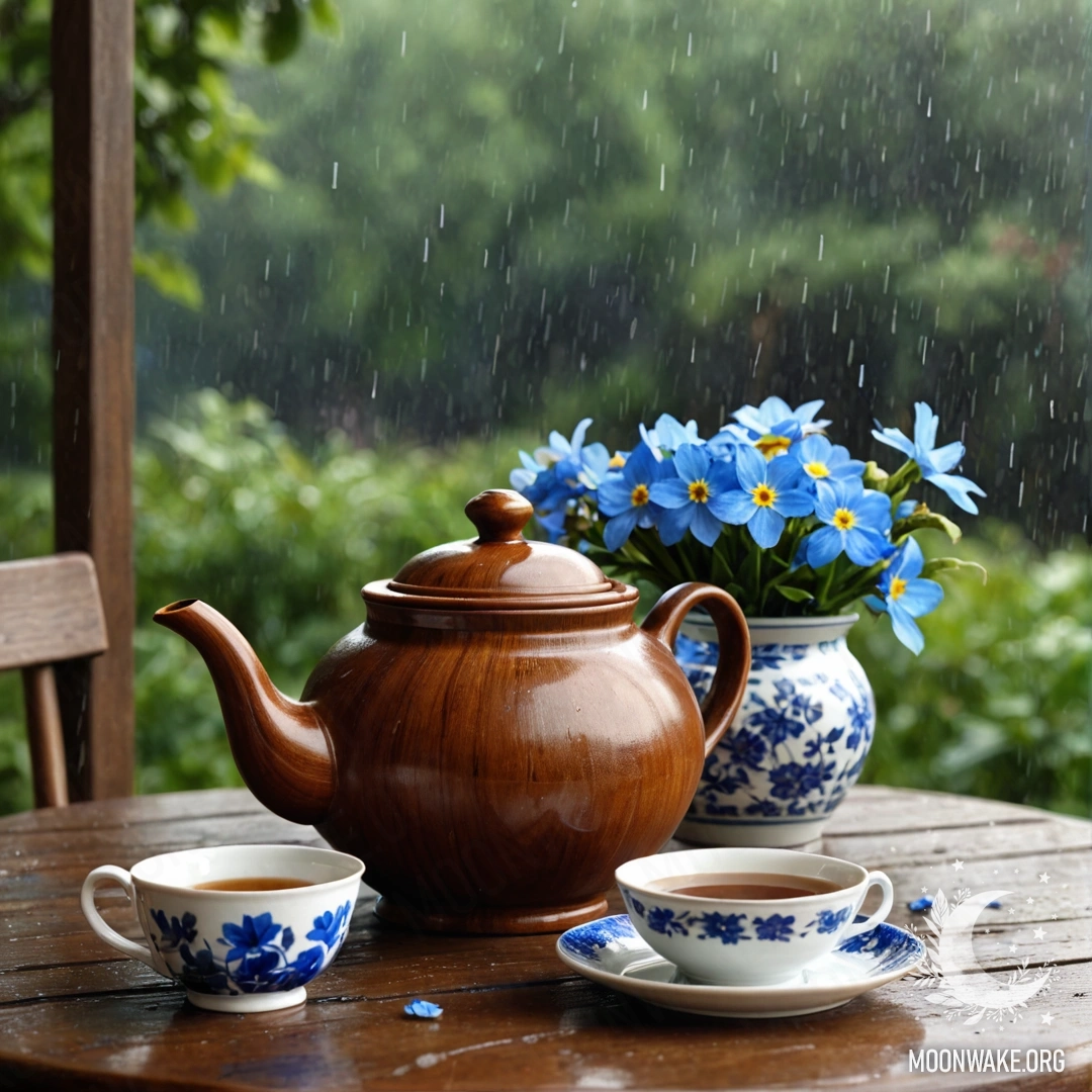 A round wooden table adorned with a porcelain teapot holding blue flowers, under gentle rain.