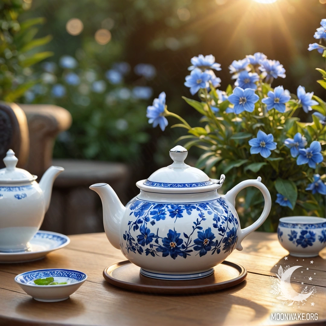 Delicate Teapot on a Wooden Table A round wooden table adorned with a porcelain teapot filled with blue flowers at sunset.