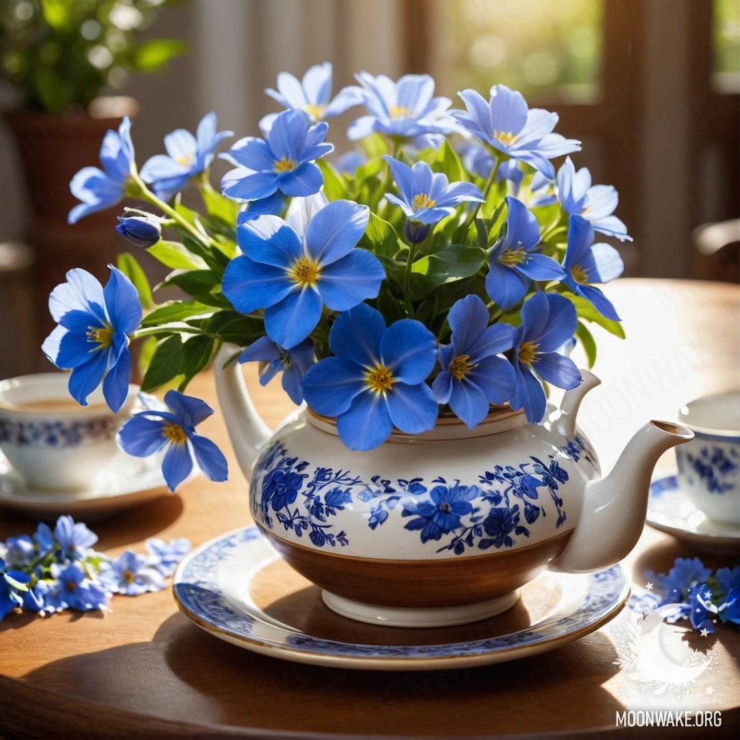 Delicate Teapot with Blue Flowers A round wooden table featuring a porcelain teapot adorned with blue flowers under the gentle sun rays.