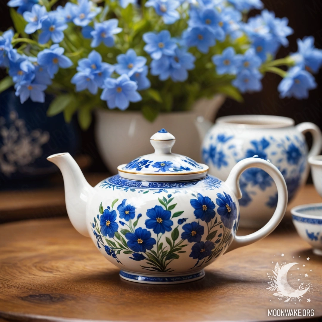 A round wooden table with a porcelain teapot filled with blue flowers.
