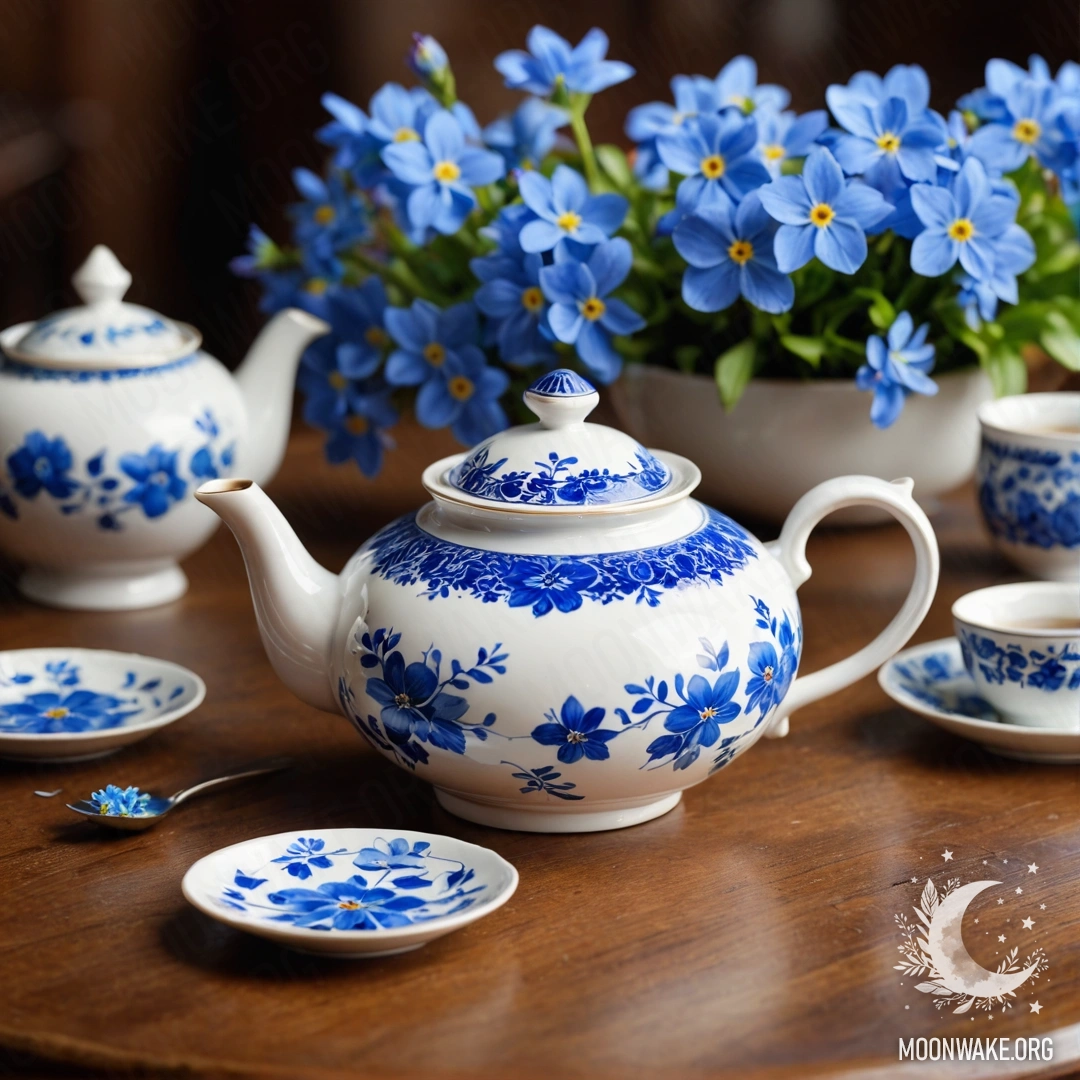 A round wooden table with a porcelain teapot adorned with blue flowers.
